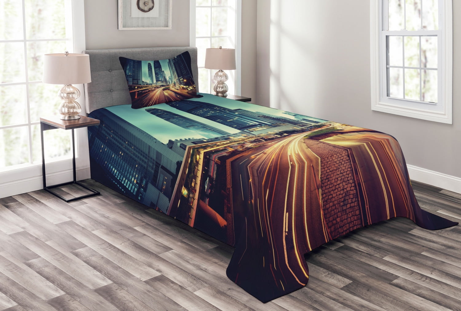 Urban Bedspread Set Twin Size, Traffic In Hong Kong Picture Sunset