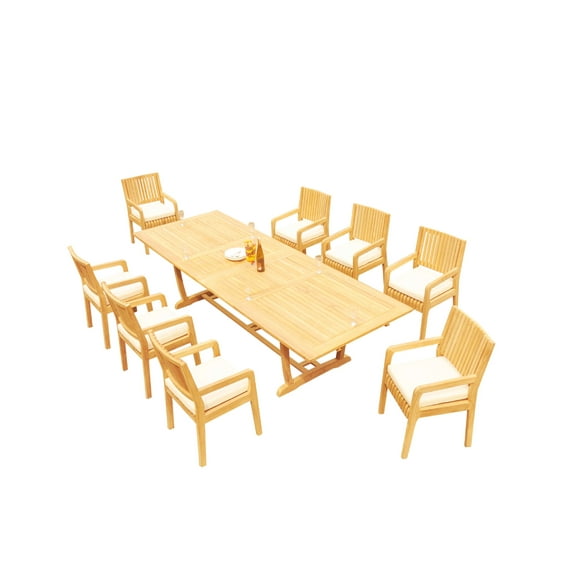 Grade-A Teak Dining Set: 8 Seater 9 Pc: 118" Mas Rectangle Trestle Leg Table And 8 Maldives Arm Chairs Outdoor Patio WholesaleTeak #51ML2509