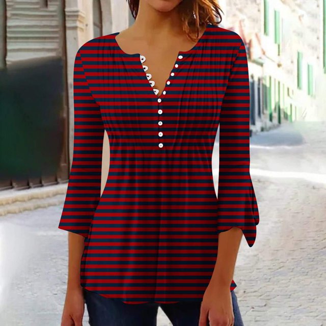 RXIRUCGD T-Shirt Blouse Décontractée à Manches Courtes Imprimé Mode Rayé pour Femmes, Vin, Taille : S