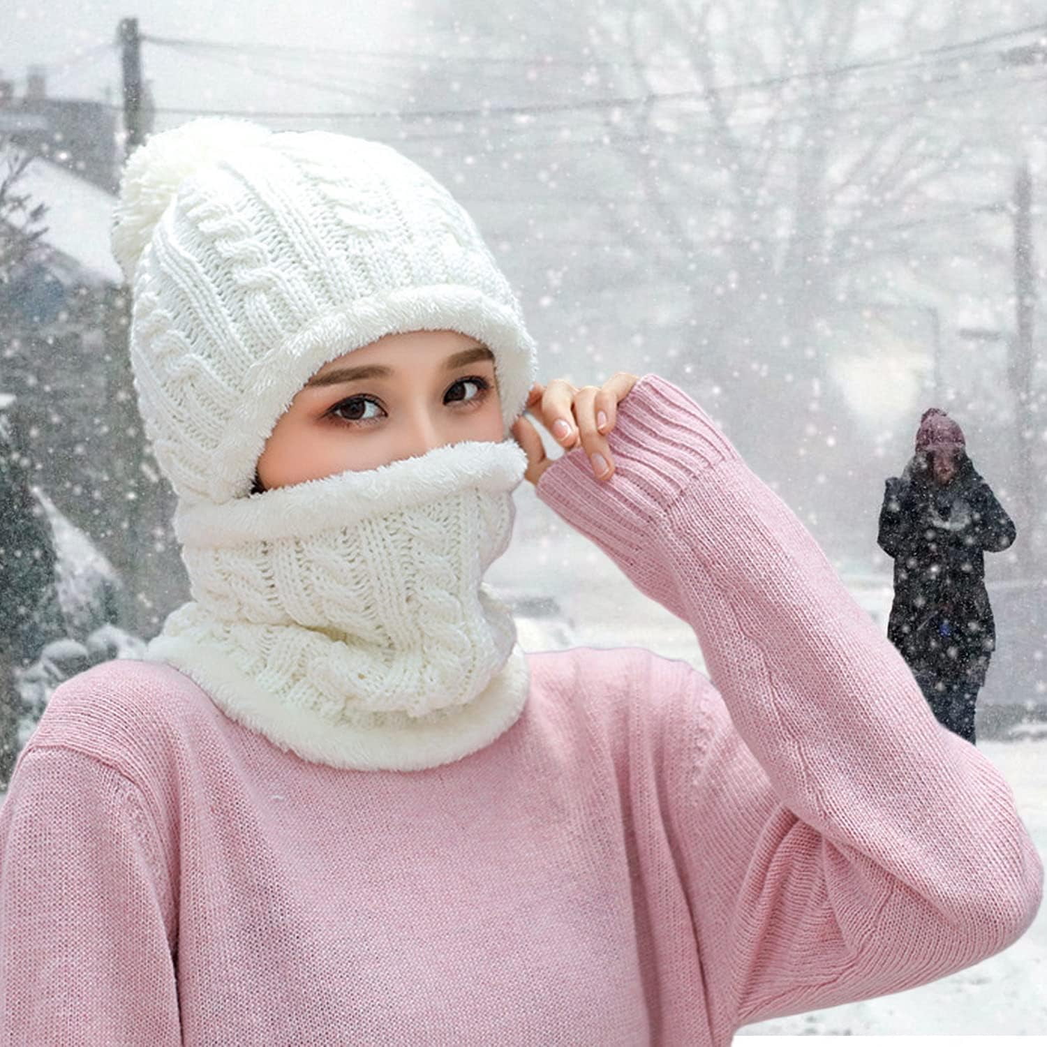 Zhengup Women Winter Beanie Hats One Piece Fleece Lined Knit Balaclavas Mask Set Skull Neck Circle Scarf Ski Snow Hat Pompom