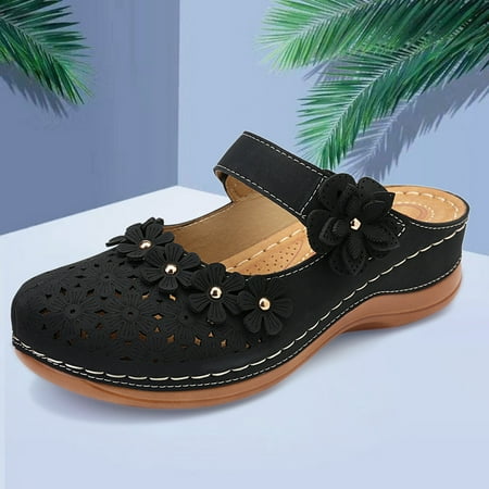 

uikmnh Slippers for Women Sandals For Women Girls Comfortable Ankle Hollow Round Toe Wedges Slippers Black 8
