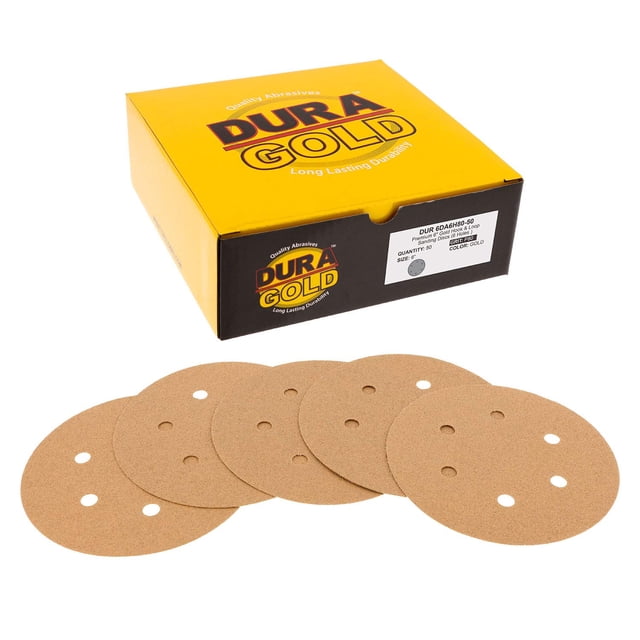 Dura-Gold Premium Discos de papel de lija dorados de grano 80, 6 pulgadas, patrón de 6 orificios, caja sin polvo de 50, respaldo de gancho y bucle para acabado de lijadora Da, lijado grueso, pintura a