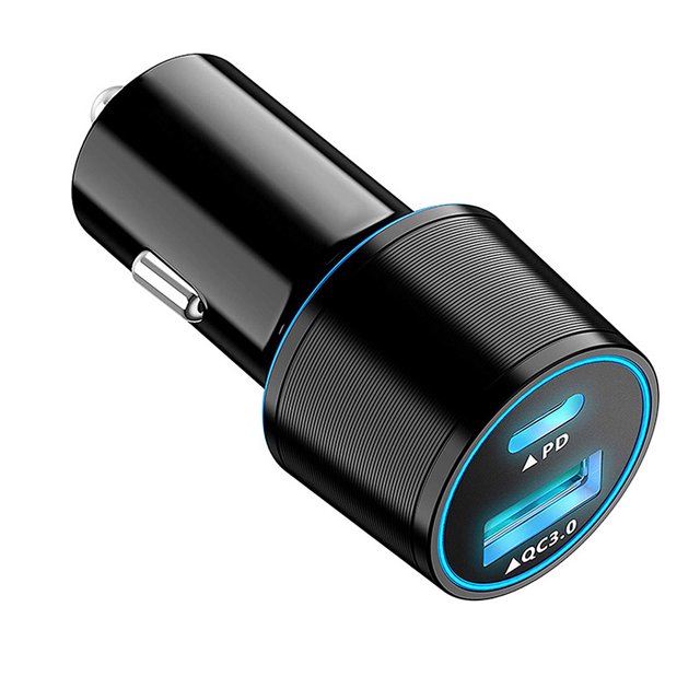Injueey de puertos duales para teléfono móvil de coche de 12-24V CC aleación de aluminio tipo c PD QC 3,0 convertidor de adaptador de carga Cargadores de dispositivos electrónicos