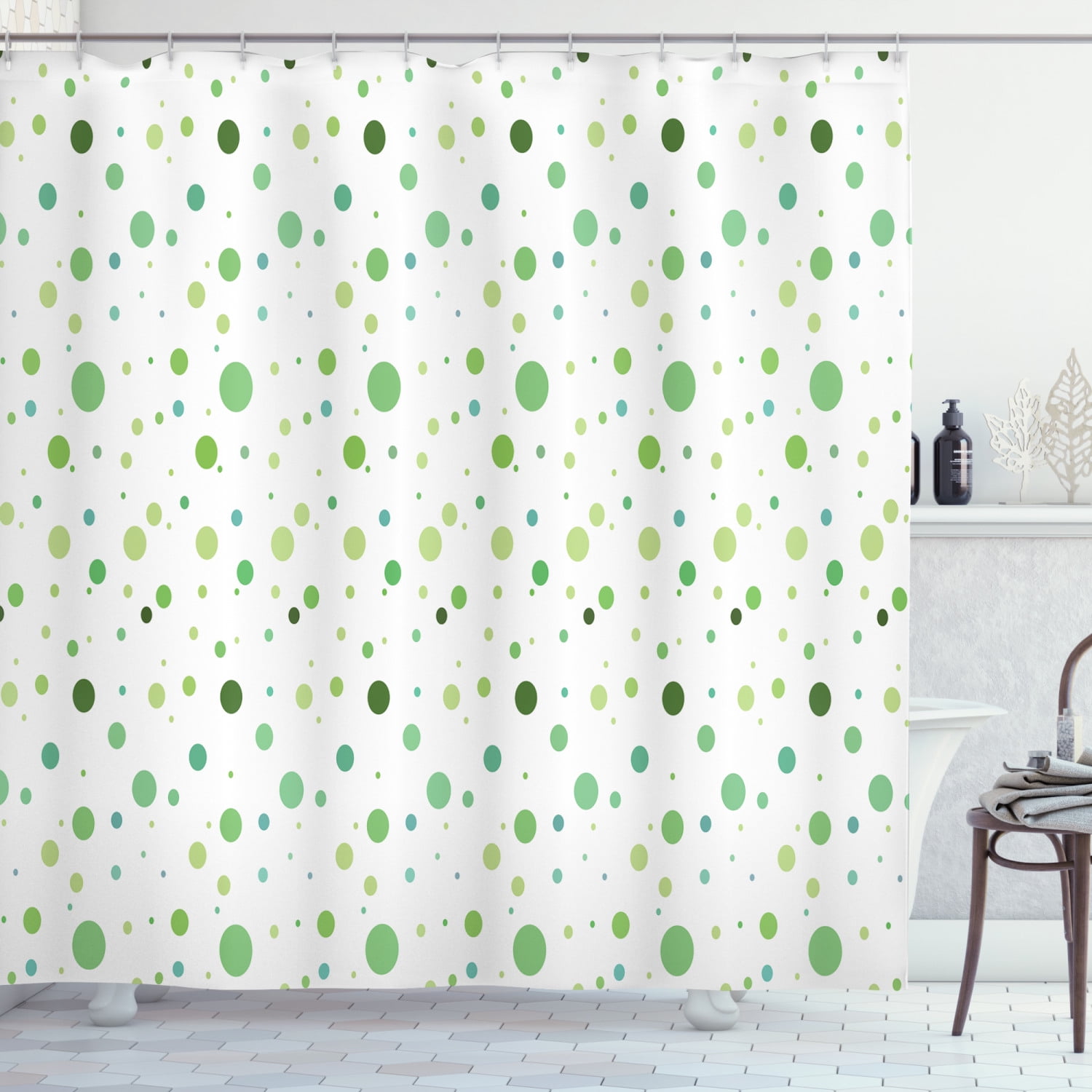 Ambesonne Vintage Shower Curtain, Green Toned Polka Dots, 69"Wx75"L, Green Fern Green