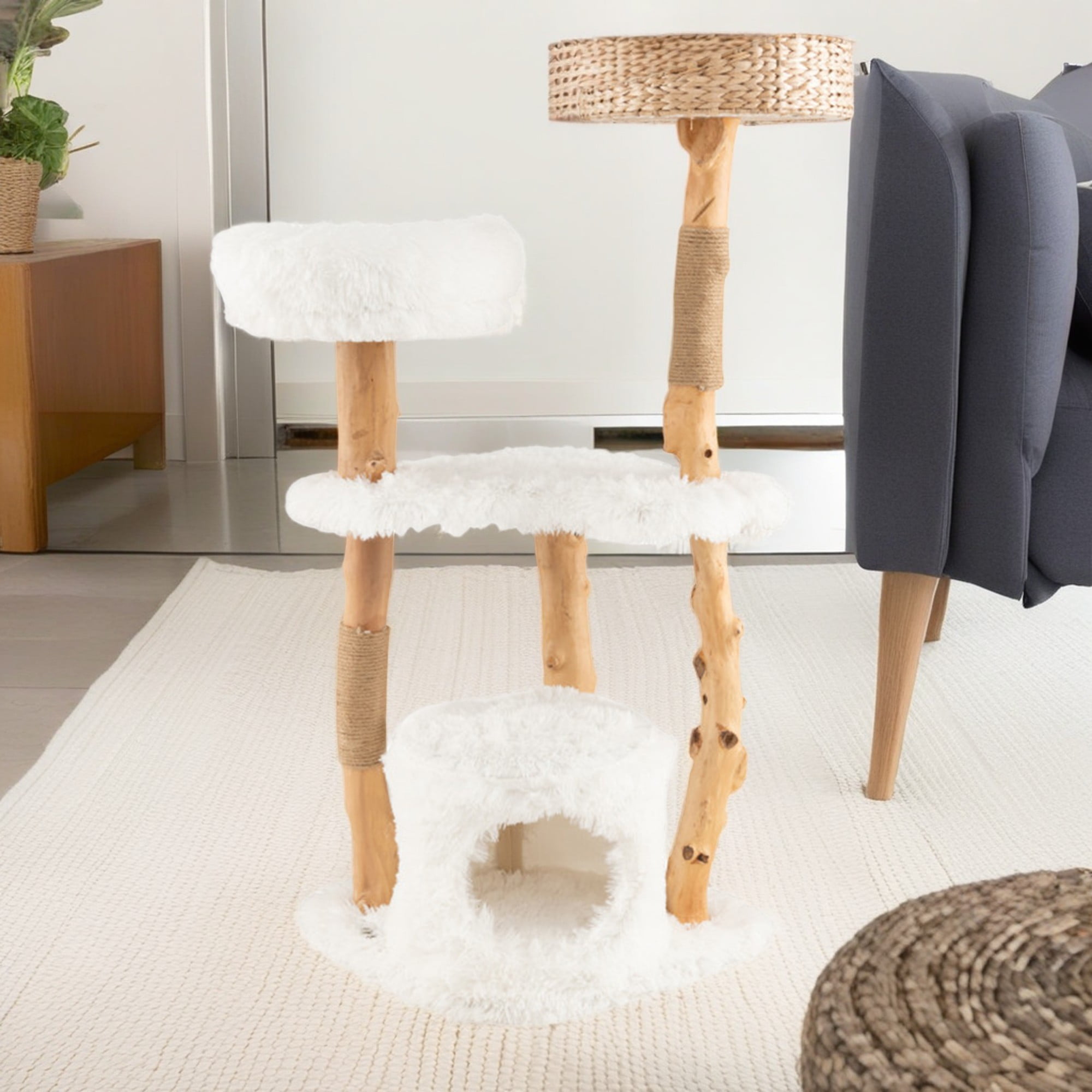 resenkos 49" Solid Wood Cat Tree Tower for Indoor, Modern Cat Condo with Scratching Post, Cat Climbing Tree House Furniture, White