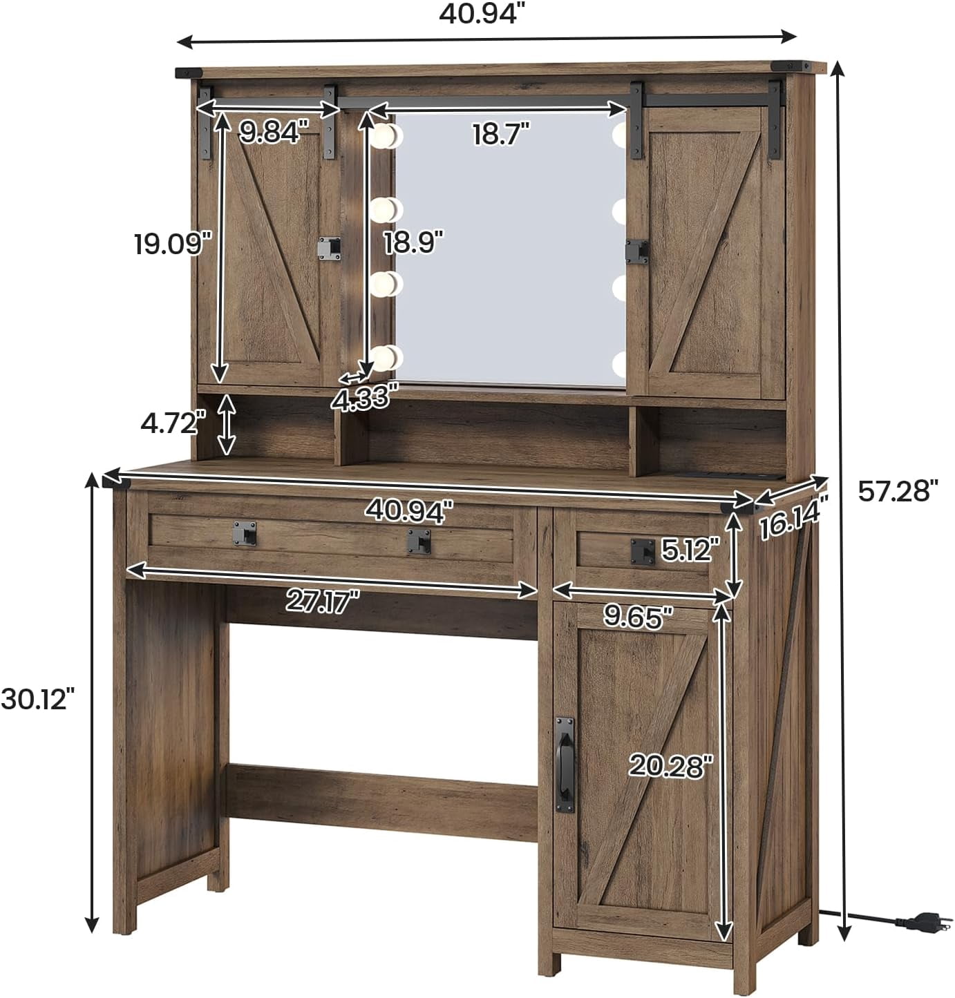AOGLLATI Farmhouse Brown Vanity Table Set with Lights, Mirror, Charging Station and Jewelry Hooks