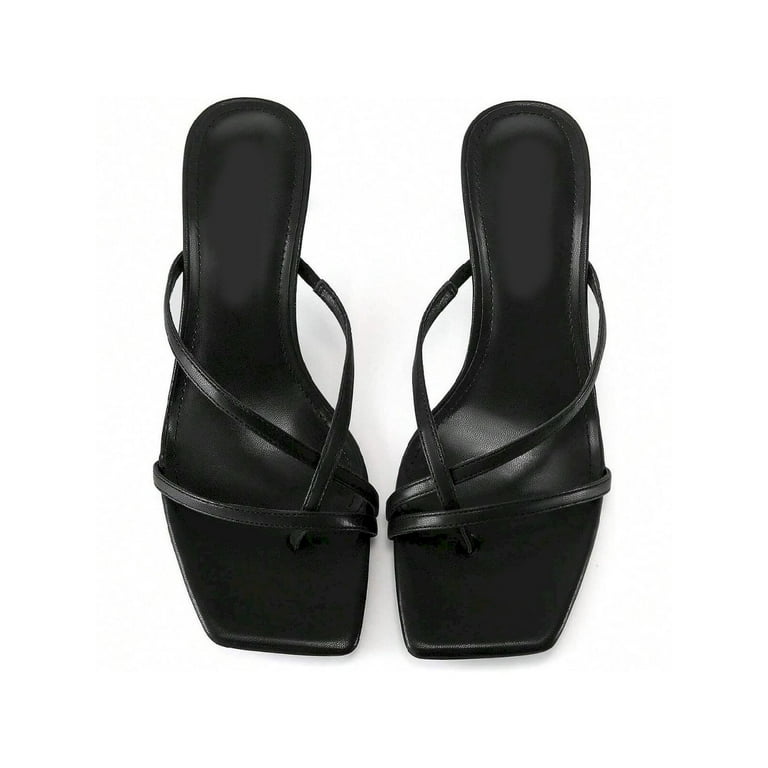 Womens Strappy Kitten Heels Flip Flops Square Open Toe Low