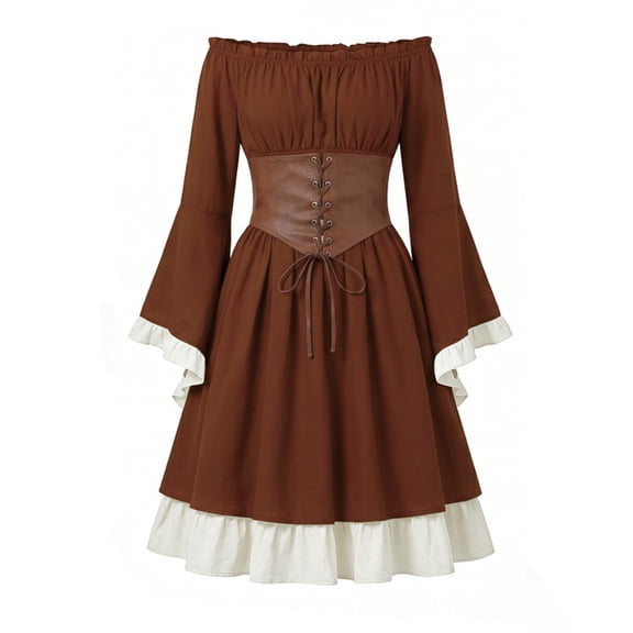 Halloween Cosplay Renaissance Dress for Women Medieval Costume Gothic Victorian Gown Retro Lace-up Waist Flared Sleeve Vintage Steampunk Party Dress Size L Brown