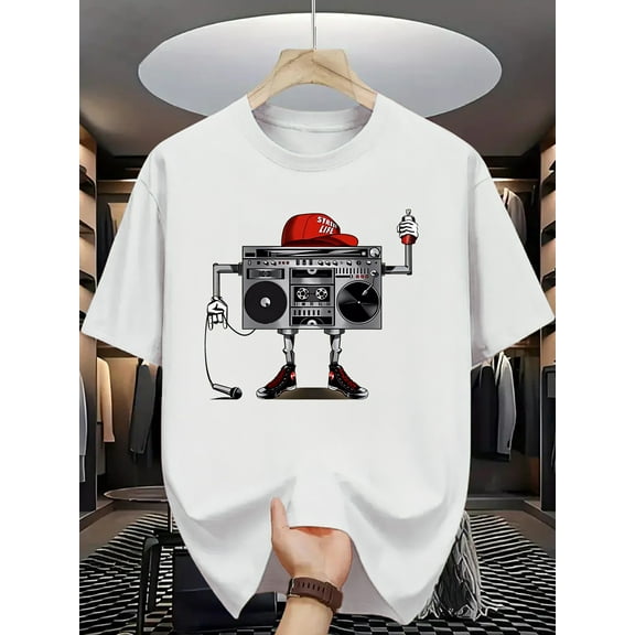 Men'S Summer Casual Crew Neck T-Shirt, 100% Polyester Knit Fabric, Slight Stretch, Regular Fit, Fashionable Print Graphic Tee with DJ Design, Breathable 180g/m² Fabric Weight
