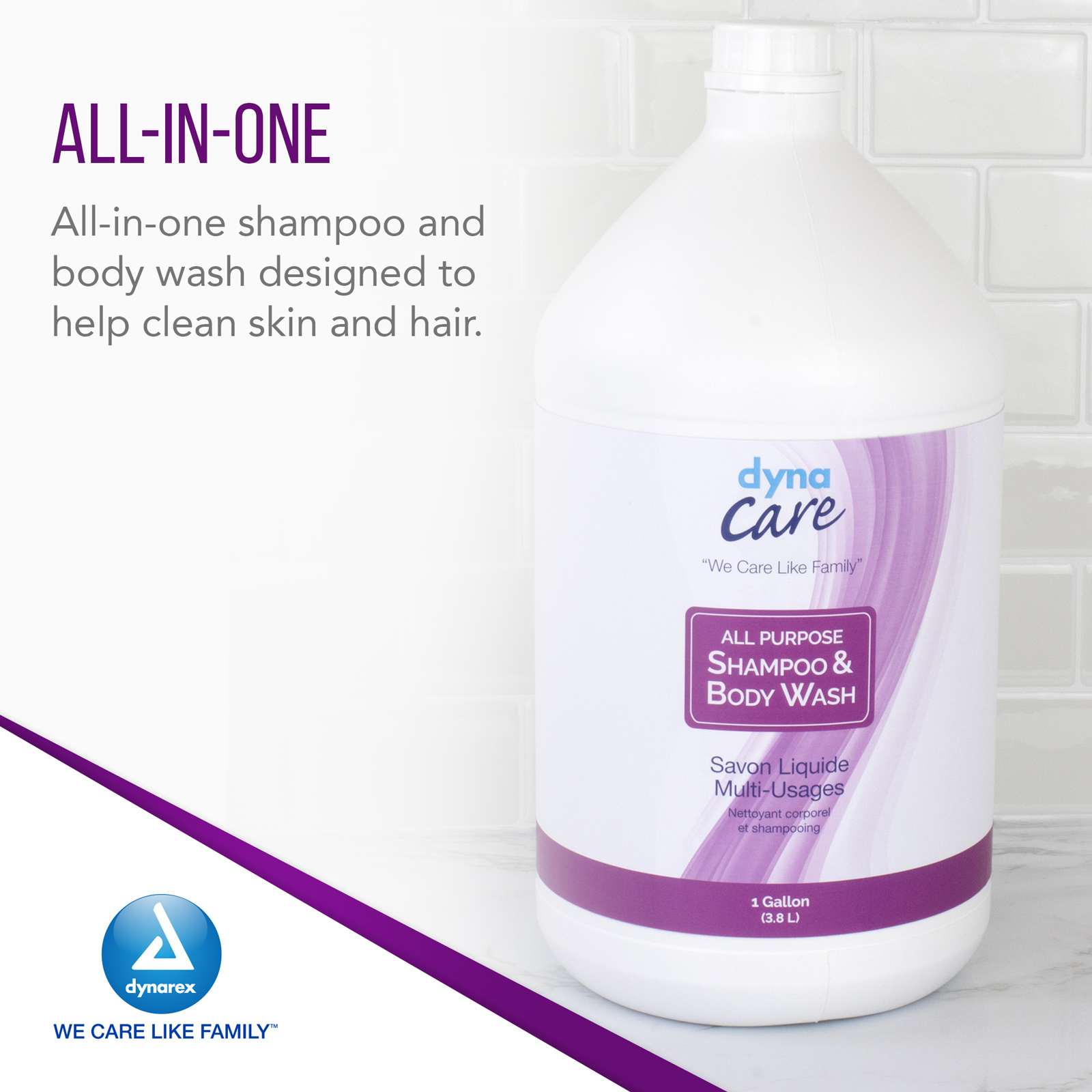 Dynarex All Purpose Shampoo & Body Wash - 2-in-1 Bath & Shower Soap Liquid - Lightly Scented, Mild Formula, No Alcohol, For Dry Hair & Skin - 1 Gallon Bottle, 4 per Case