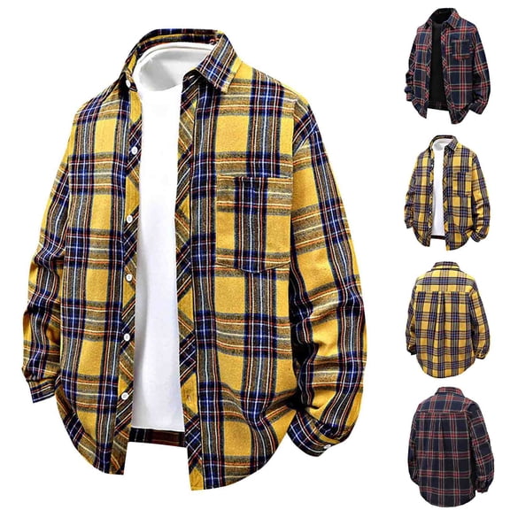 Hinvhai Men's Flannel Plaid Shirts Long Sleeve Button Down Shirts Casual Fall Shirt Jacket Yellow XL(XL)