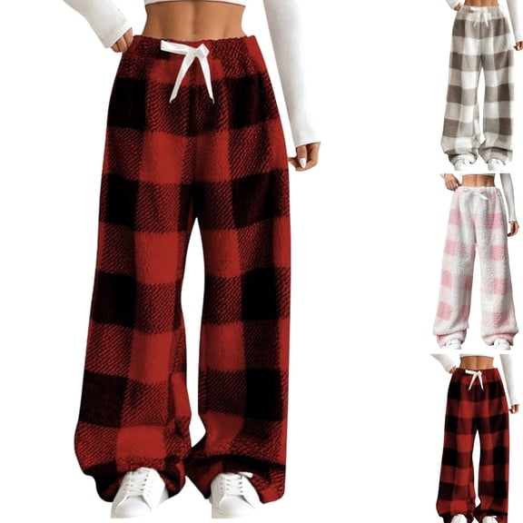 Gamivast Fleece Pajama Pants Women Lounge Baggy Straight Wide Leg Sweatpants Cute Winter Drawstring Elastic Waist Pants Thick Thermal Casual Pants