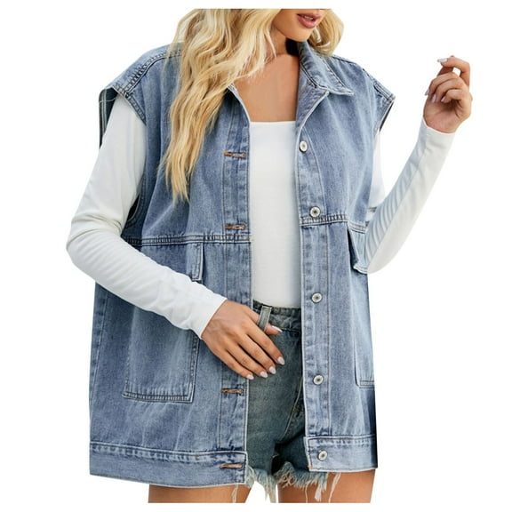 YDFCWXW Women's Vintage Denim Jean Vest Oversized Button Down Jean Waistcoat Gilet Blue, XL