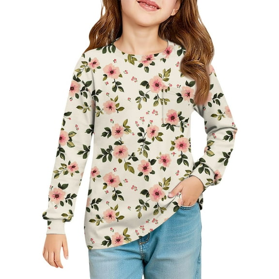 LTTVQM Girls Shirts Size 11-12 Winter Casual Floral Graphic T-Shirts Soft Long Sleeve Blouses Fashion Crew Neck Clothes with Pocket Beige 11-12 Years