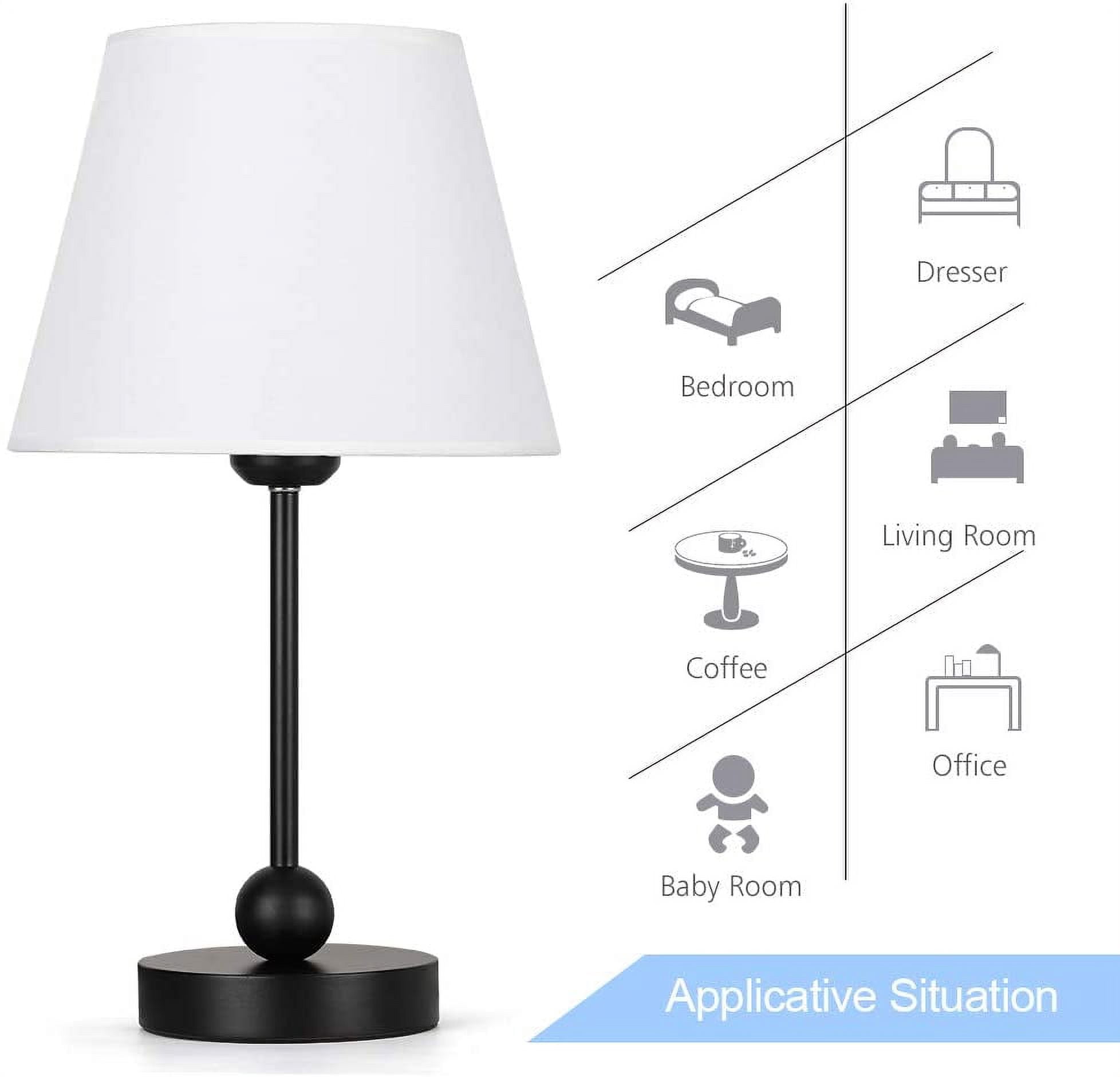 Simple Nightstand Desk Lamp with White Fabric Shade and Black MDF Base Set of 2