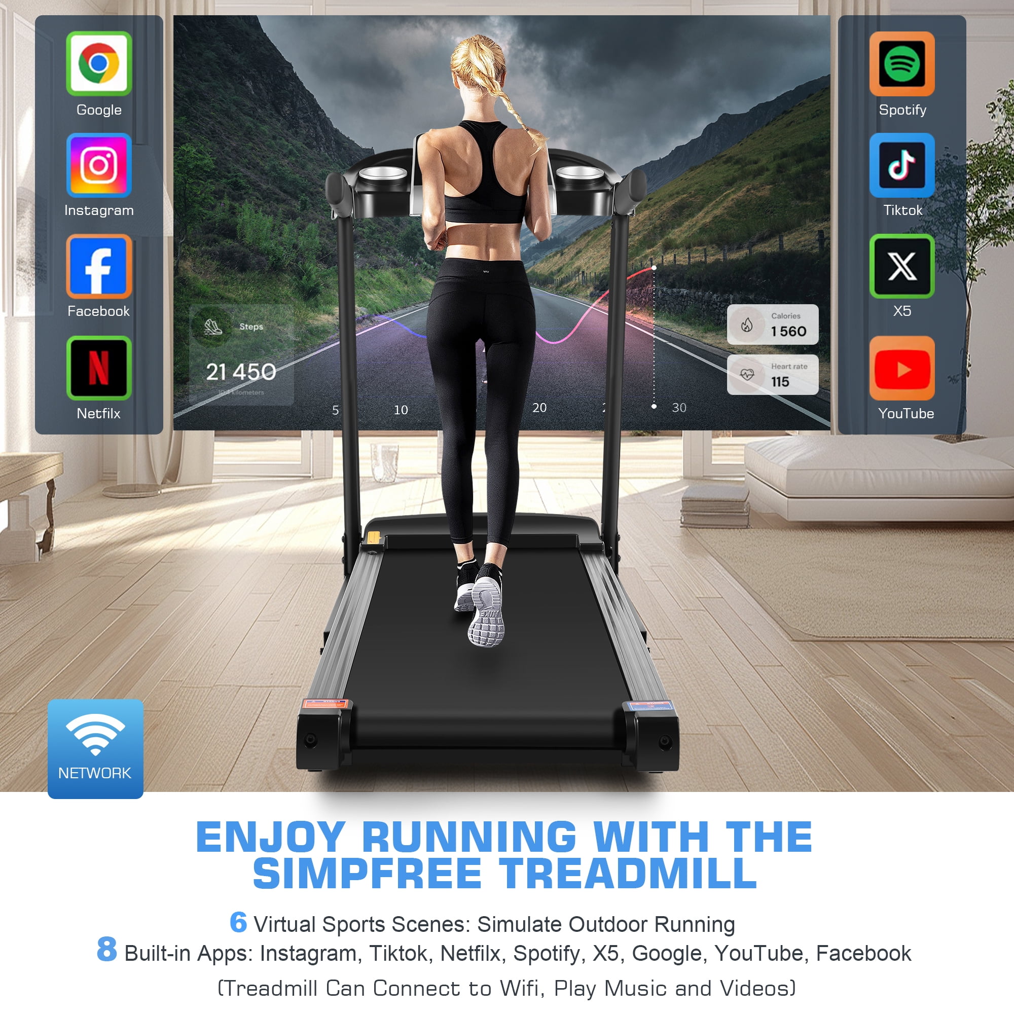 Simpfree Treadmill with 10" HD TV Movie Touchscreen and 3D Virtual Sports Scene, 0.5-9.0 mph/h & 3.5HP Electric Treadmill with Incline for Home（Black）