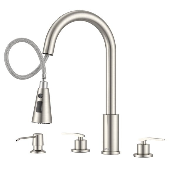 DAYONE 3 Hole Kitchen Faucet with Separate Handle and Pull Down Sprayer, 2 Handle Sink Faucets for Kitchen/RV with Soap Dispenser Stainless Steel, Brushed Nickel