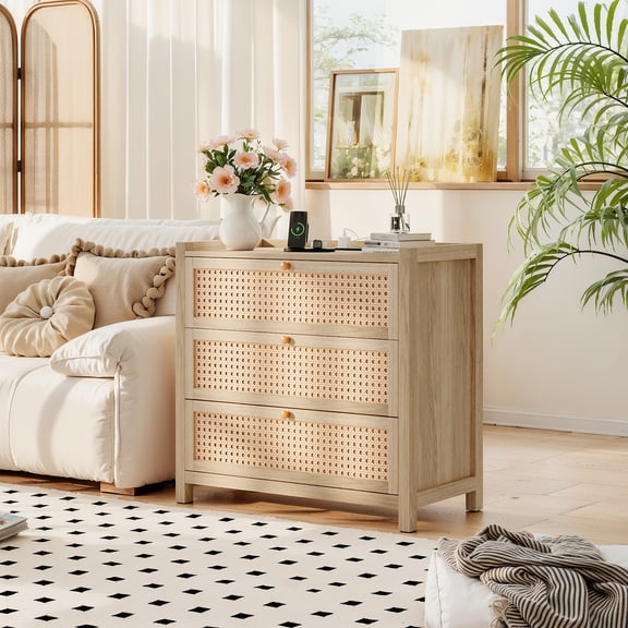 Stoog 3 Drawer Dresser, Nightstand with Charging Station, Rattan Bedside Table Side Table for Bedroom Living Room, Natural Oak