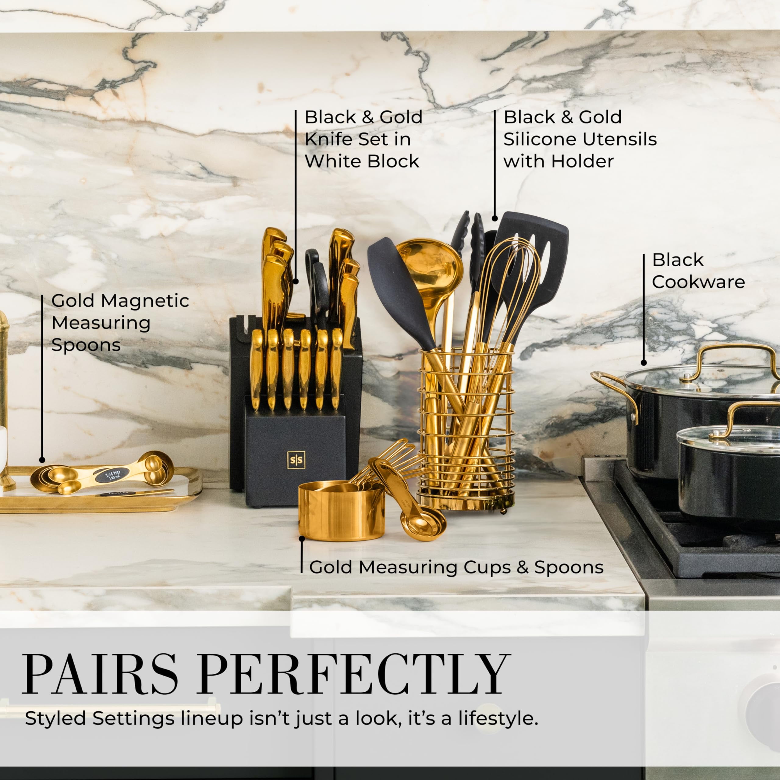 Styled Settings 15-Piece Black and Gold Kitchen Utensils Set with Measuring Cups & Spoons, BPA-Free