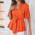 thumbnail image 7 of BXJX Women's Solid Color Blouses with Belted Waist- Short Sleeve V Neck Ruffle Casual Summer Tops Orange Size S, 7 of 7