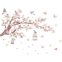 Cherry Blossom Flowers Wall Decals Decor Vinyl Stickers, Magnolia Floral Tree Branch Birds Wall Art Murals, Flower Pattern Wall Stickers for women Bedroom Living Room Nursery Decor