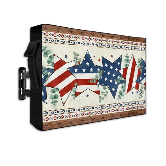 4th of July Outdoor TV Cover 60 to 65 Inch Waterproof, Southwest Eucalyptus Leaves Star Independence Day 600D Oxford TV Covers with Zipper, Outside Flat TV Screen Protector 58"Wx37"Hx4.5"D