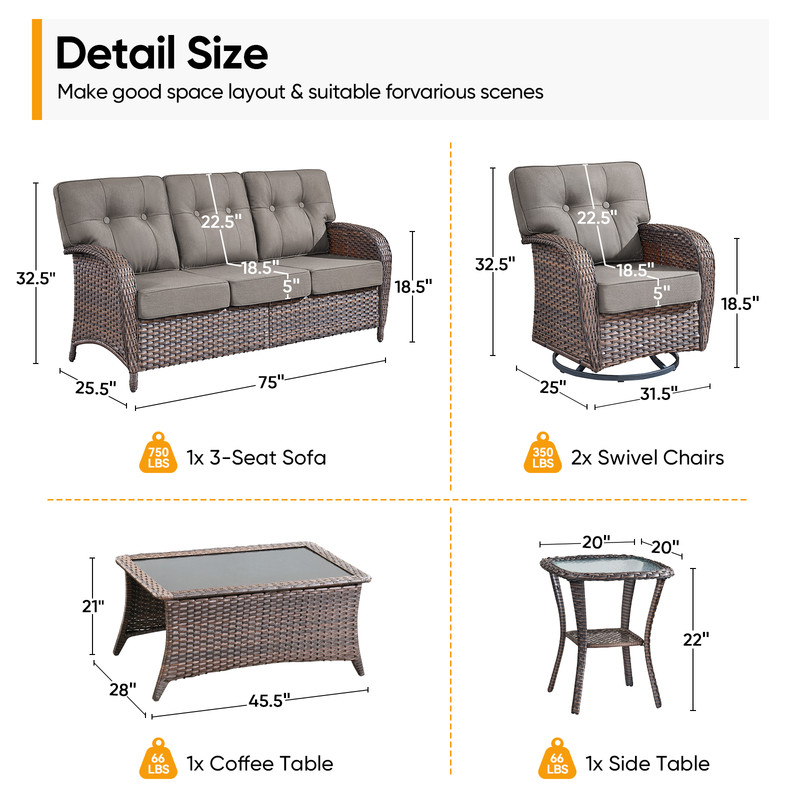 PARKWELL 5 Pieces Patio Furniture Set with Swivel Chairs, Outdoor All-Weather Wicker Conversation Sofa Set with Rattan Rocking Chair, Coffee Table and 5" Thick Cushion for Porch Deck, Brown/Gray