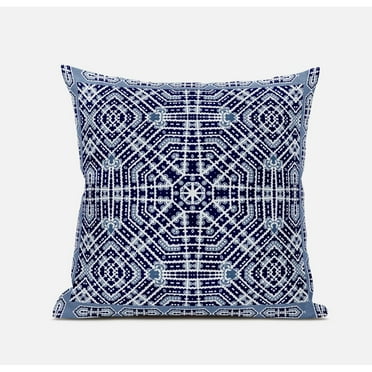 Geostar Wreath Palace Throw Fabric Pillow with Zip in Indigo White Green 18x18