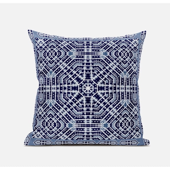 Geostar Wreath Palace Throw Fabric Pillow with Zip in Indigo White Green 18x18