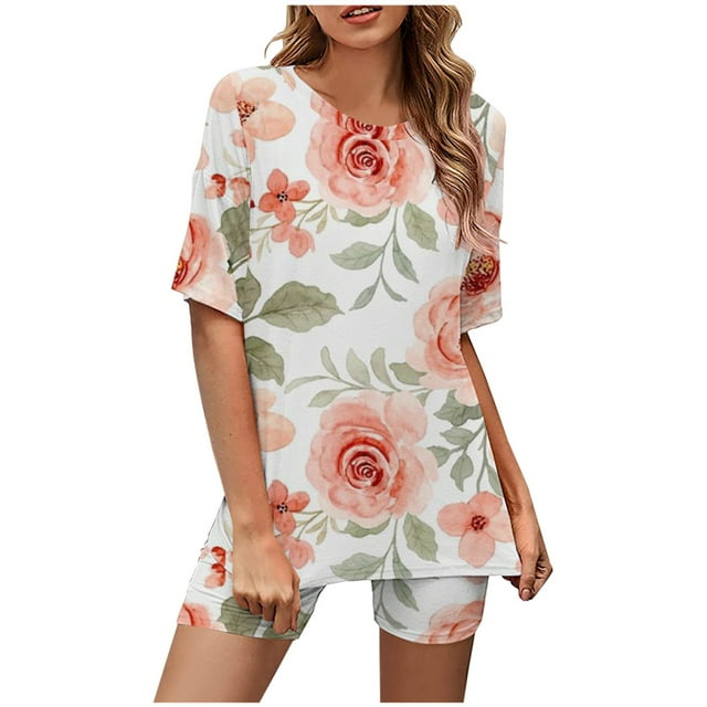 Ensemble d'Été 2 Pcs pour Femmes Mode Col Rond Manches Courtes Imprimé Décontracté Haut et Short Ensemble d'Été pour Femmes en Liquidation