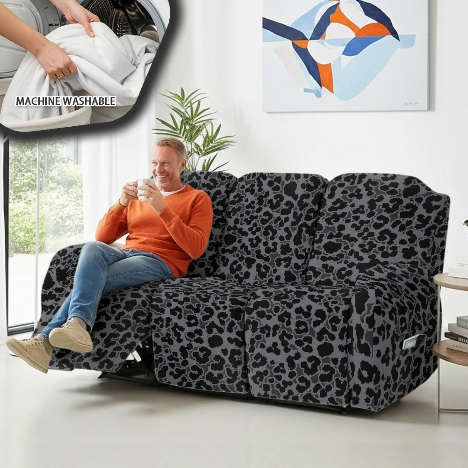 COEQINE Black Leopard Print Recliner Couch Cover Breathable 3 Seater Reclining Chair Slipcover 8 Pieces Non-Slip Recliner Sofa Cover with Pocket and Elastic Bottom for Dogs, Kids