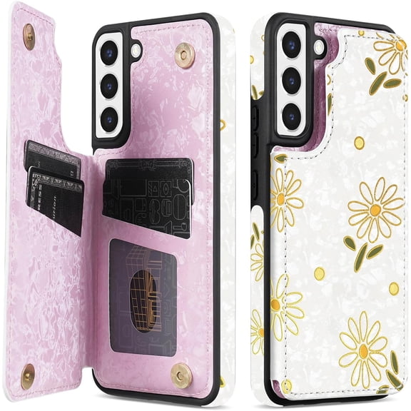 Compatible with Samsung Galaxy S21 Plus Wallet Case with RFID Blocking Card Slots Folio Flip PU Leather Kickstand Double Magnetic Clasp Design Cover for Galaxy S21 (6.7inch-White Little Daisy)