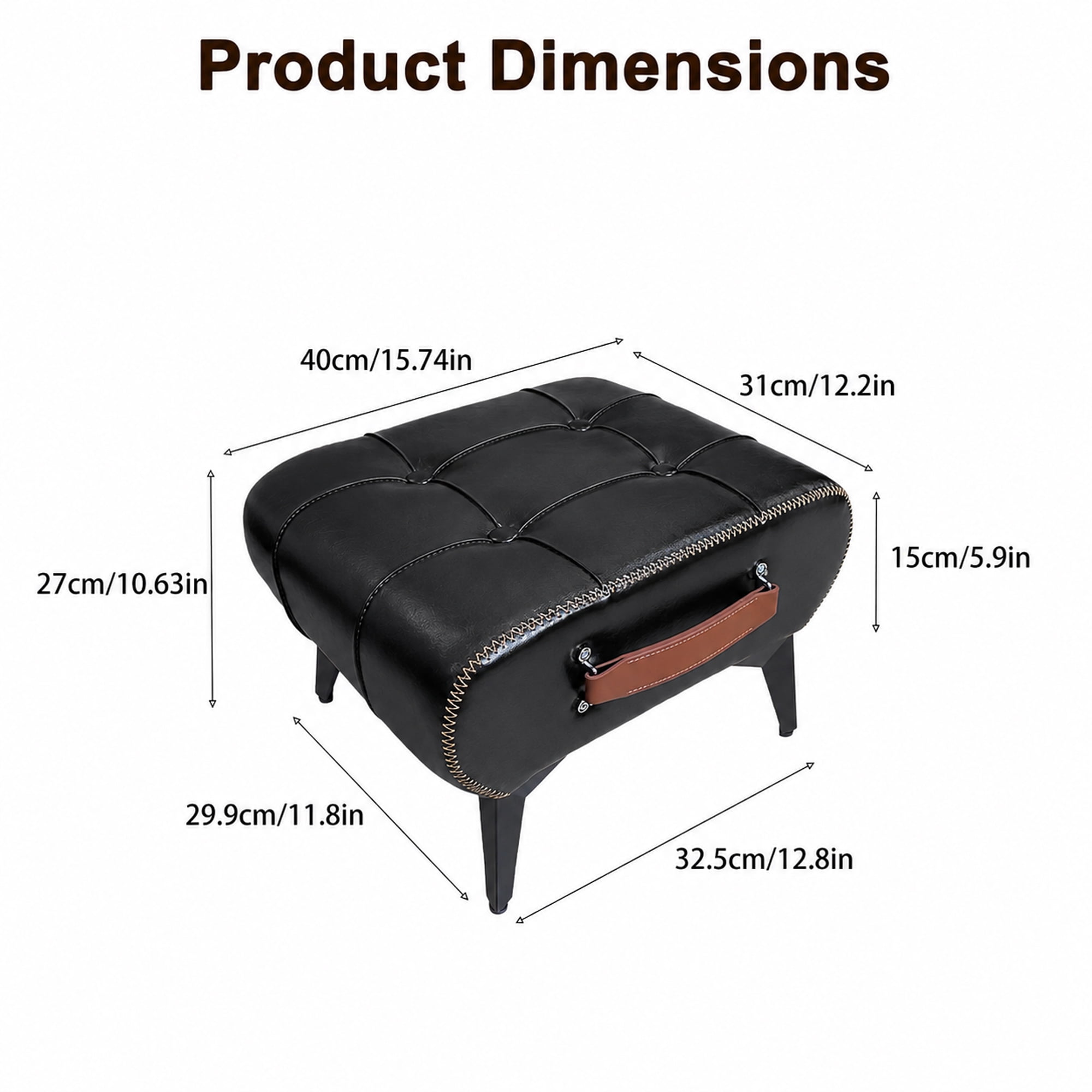 Leumius Modern Leather Stool with Hidden Storage,Portable Handles & Metal Legs,Square Footrest for Living Room,Black