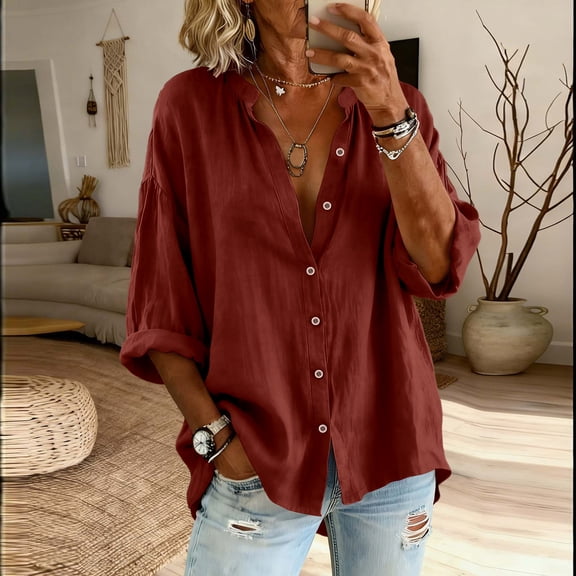 Women's Plus Size 3/4 Sleeve Linen V Neck Button Shirt Blouse Tunic Tops Loose Fit Work Blouses For Women