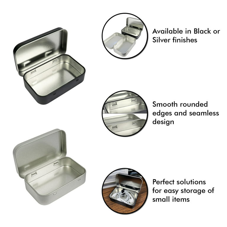 4 Pack Metal Rectangular Empty Hinged Tins Box Containers 3.75 by 2.45 by  0.8 Inch Silver & Black Mini Portable Box Small Storage Kit Home Organizer