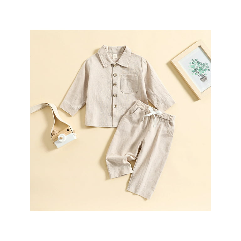 Springcmy Toddler Baby Boy Cotton Linen Pants Outfit Set Solid Long Sleeve  Button Down T-Shirt Tops Casual Drawstring Pants Clothes