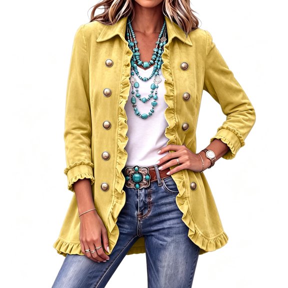 Vivianyo HD Women's Long Sleeve Collared Ruffle Trim Velvet Jacket, Double Breasted Casual Fall Coats for Women, Sizes S-3XL