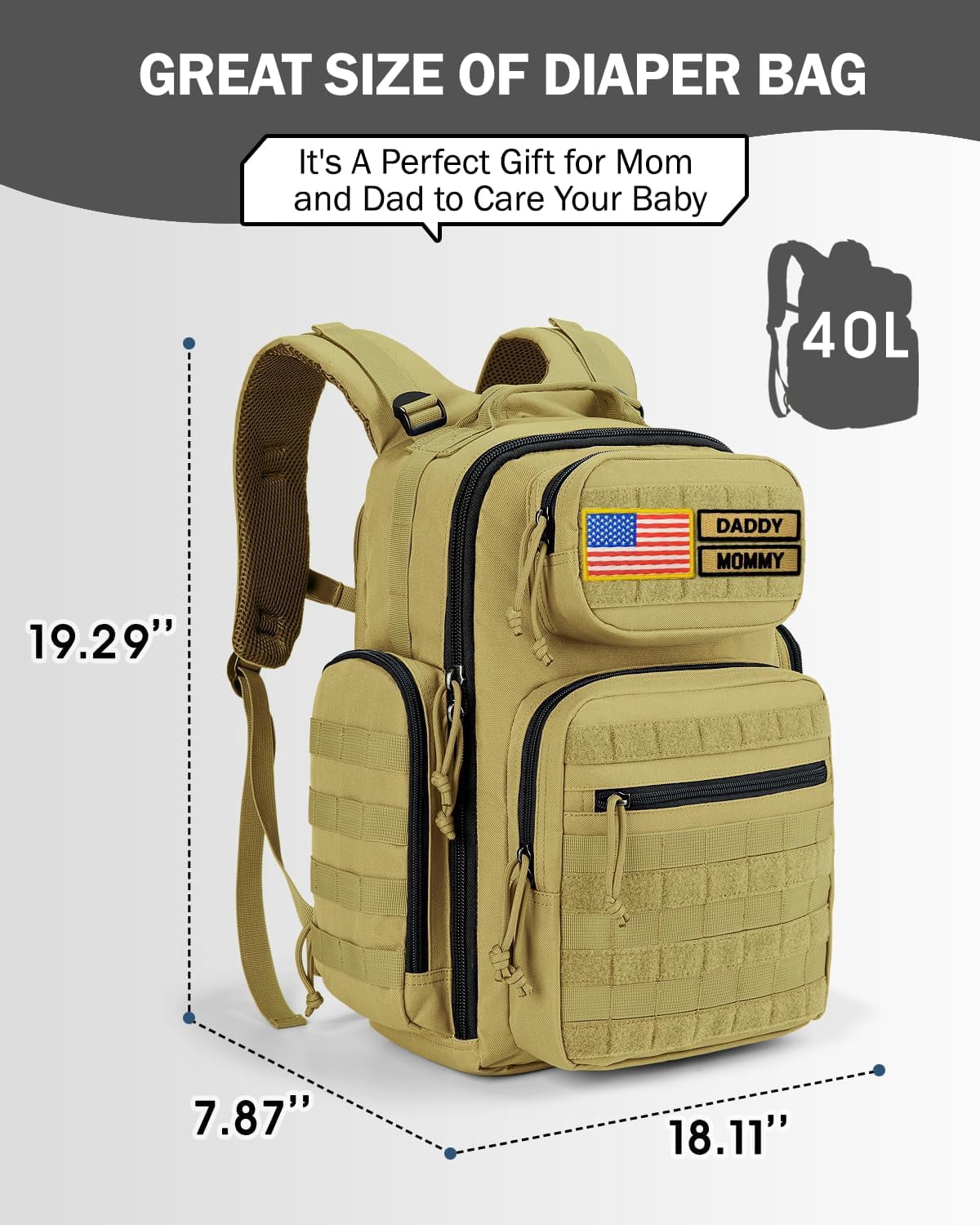 MIRACOL Diaper Bag Backpack for Dad: 40L Large Capacity Tactical Dad Bag with 16+ Organized Pockets - 900D Fabric Military-Style for Travel, Outdoor & Daycare Essentials (Tan)