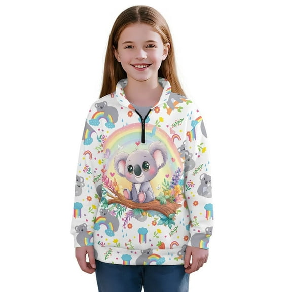 Uourmeti Rainbow Cute Koalas Girls Half Zipper Sweatshirt Fall Pullover Long Sleeve Lightweight Comfy Casual Loose Athletic Top Sportswear for School Gym Size 5-6