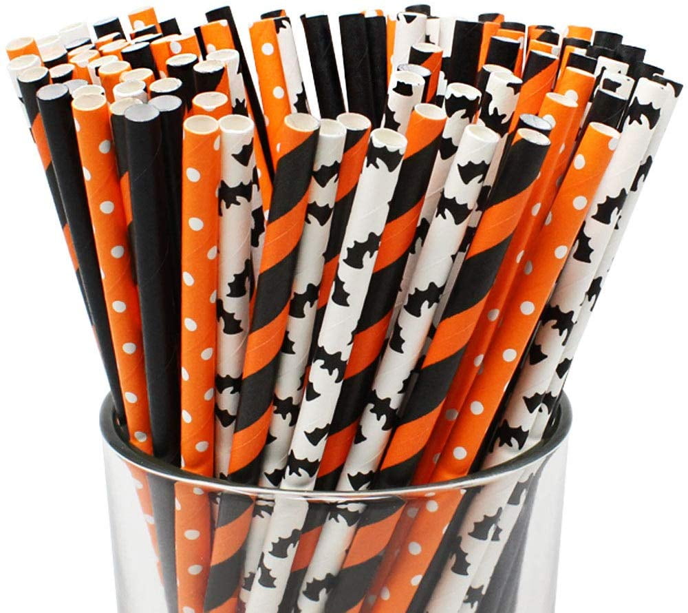 Premium Biodegradable 100pcs Halloween Decorative Paper Straws (Color