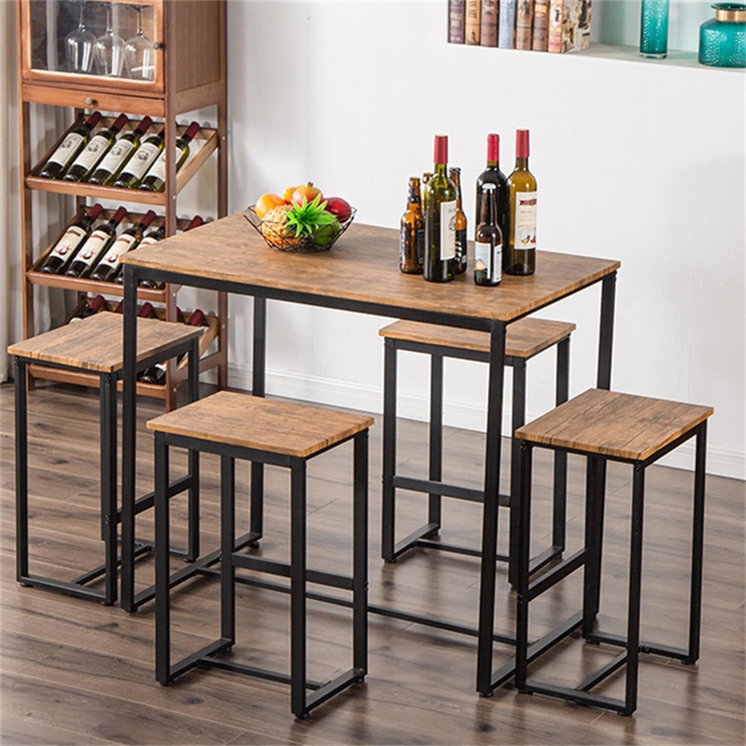 Kadyn Bar Table And Chair Set Of 5, Breakfast Bar Table and Stool Set, Minimalist Dining Table with Backless Stools, Light Walnut Color