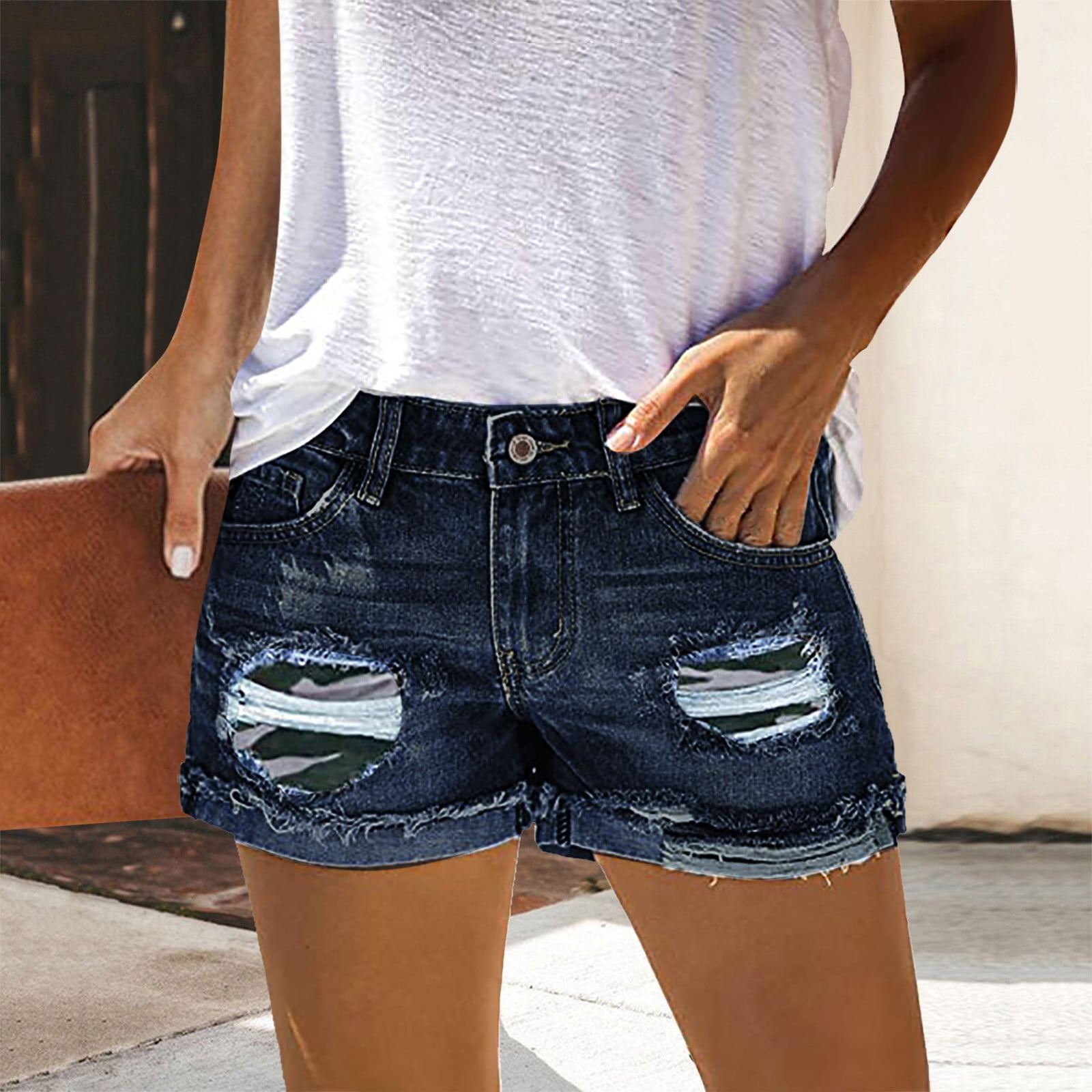 Aayomet Shorts For Women Casual Summer Denim Shorts for Women Mid Rise  Shorts Frayed Raw Hem Ripped Denim Jean Shorts Blue,S - Walmart.com