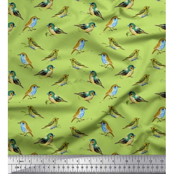 Soimoi Green Cotton Duck Fabric Flycathcer Bird Printed Craft Fabric by the Yard 58 Inch Wide