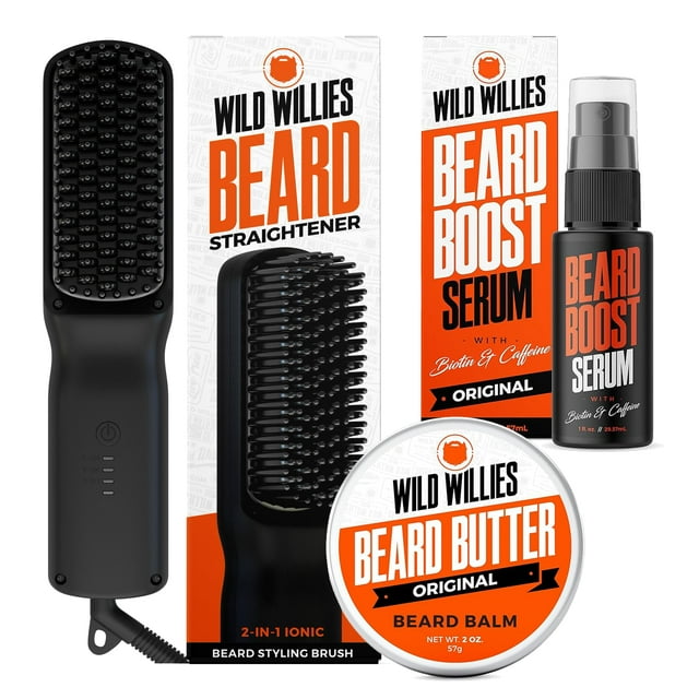 Kit para el cuidado de la barba Wild Willies: cepillo alisador de suero potenciador de mantequilla para barba para cabello más grueso y lleno