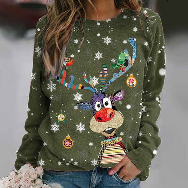 Pntutb Camisas para mujer Blusa regular estampada con cuello redondo y manga larga con estampado navideño Pntutb Pntutb-1100