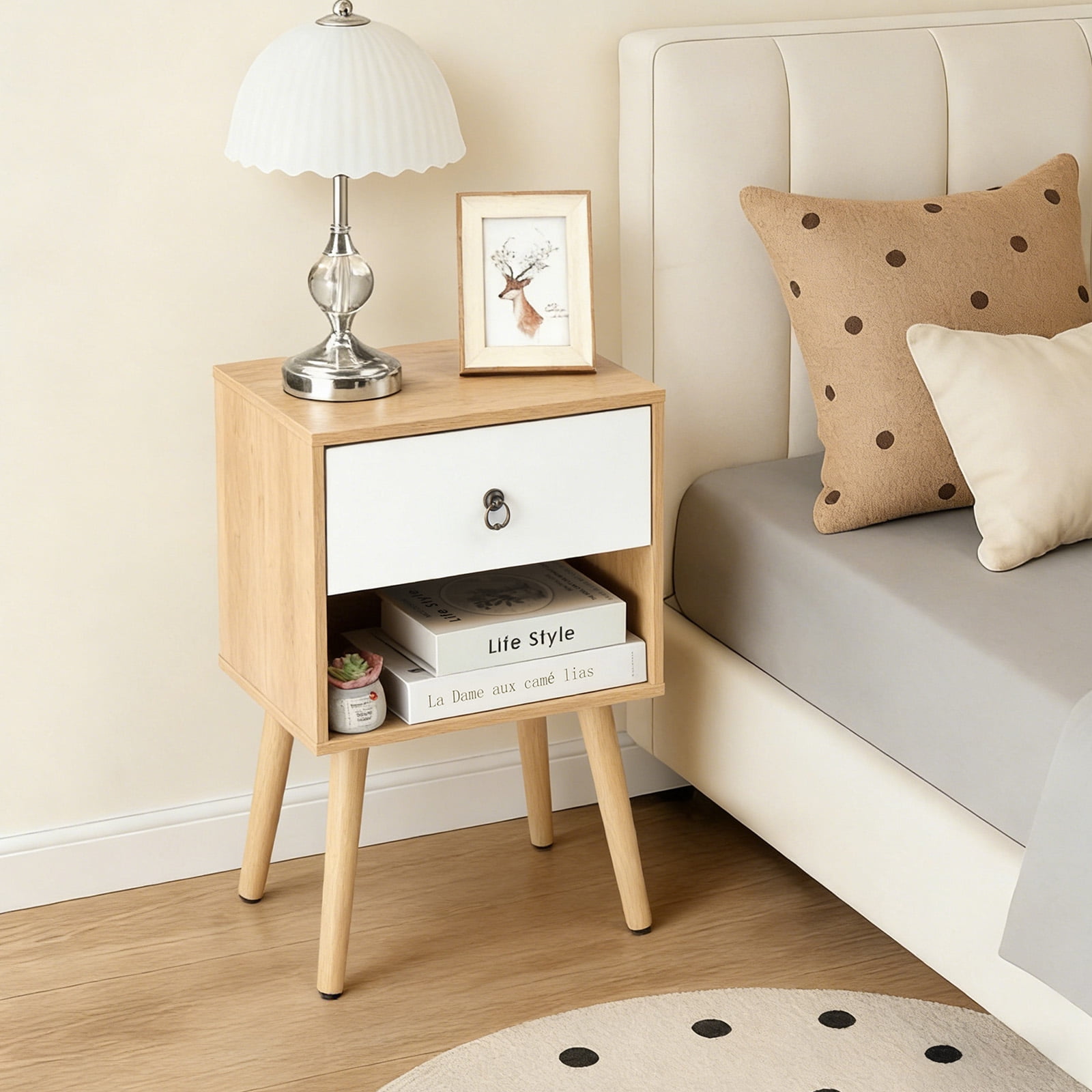 Ktaxon Wooden Night Stand Side End Table Storage Shelf with One Drawer Night Stand Sets of 1, Oak