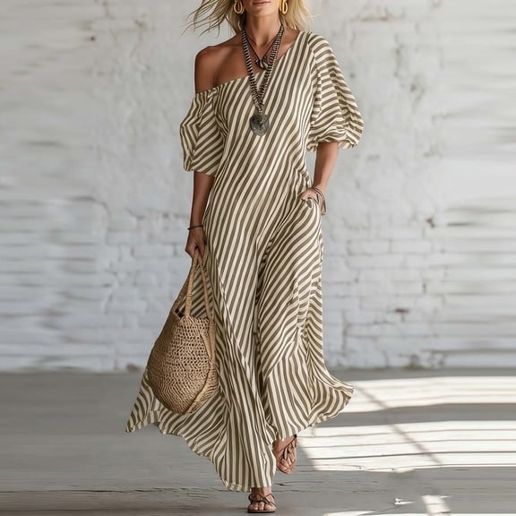 Guieoi Summer Dresses for Women 2026 Asymmetrical Off-Shoulder Puff-Sleeve Striped Loose-Fit Maxi Dress, Short-Sleeve Off-Shoulder Dress Brown S