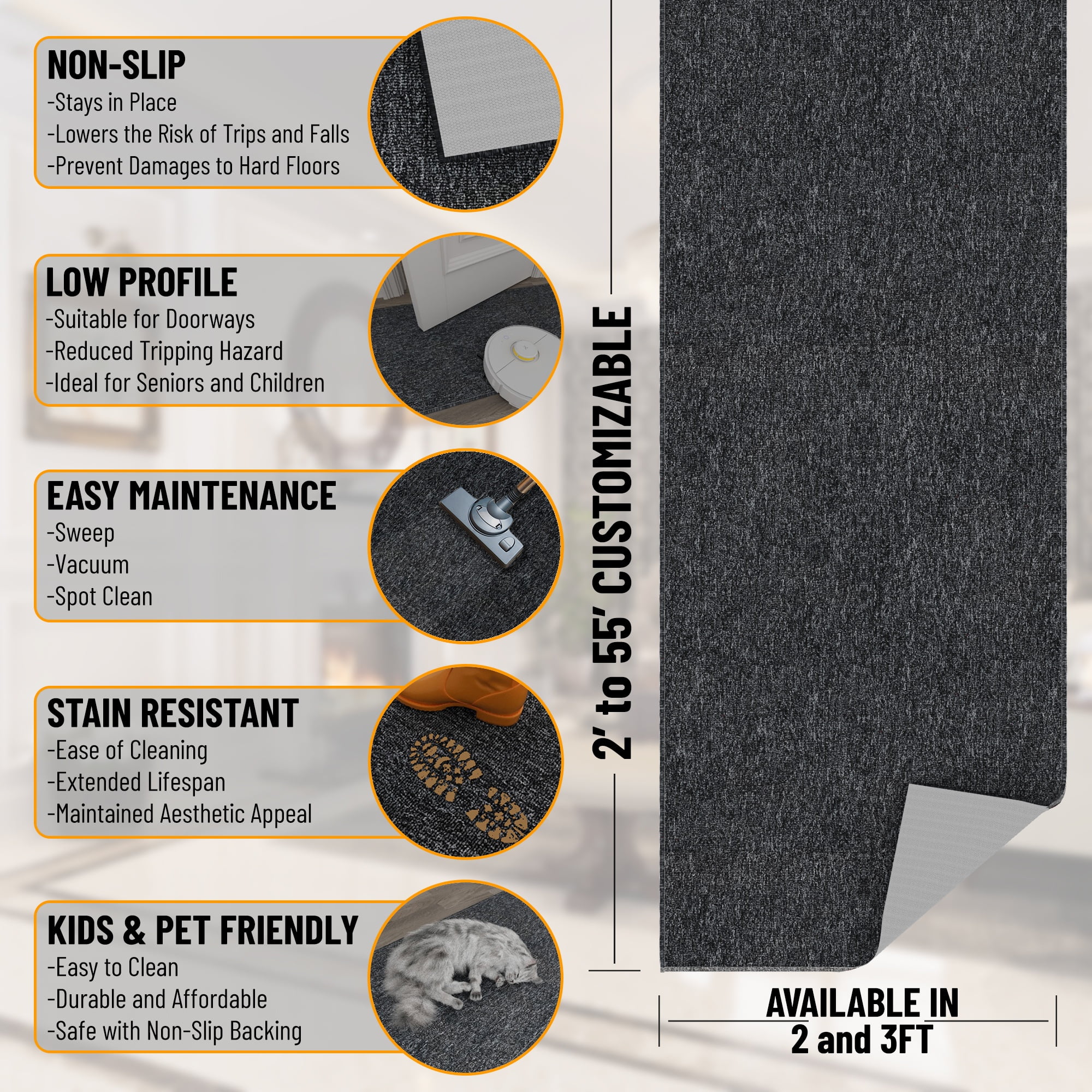 Ottomanson Hallway Runner Rug 2' x 43' Non-Slip Stain-Resistant Custom Size Carpet for Kitchen, Black
