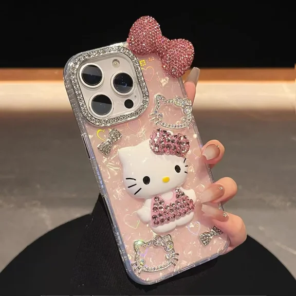 Stereoscopic Bling Glitter Phone Case For iPhone 17 16 15 14 13 12 Pro Max Cute Cartoon Sanrio Hello Kitty Hard Cover