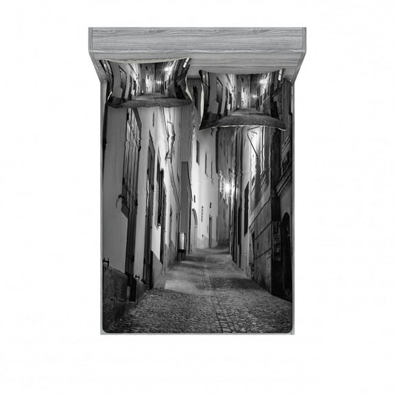 Ambesonne Black and White Fitted Sheet & Pillow Sham Set, Dark Alleyway, Queen, Black and White